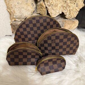 Brown Checkered Cosmetic Pouch Set – 4 Pieces